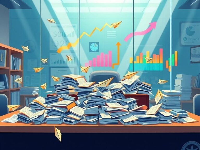 Flick International A government office desk covered with documents and financial reports symbolizing federal spending waste