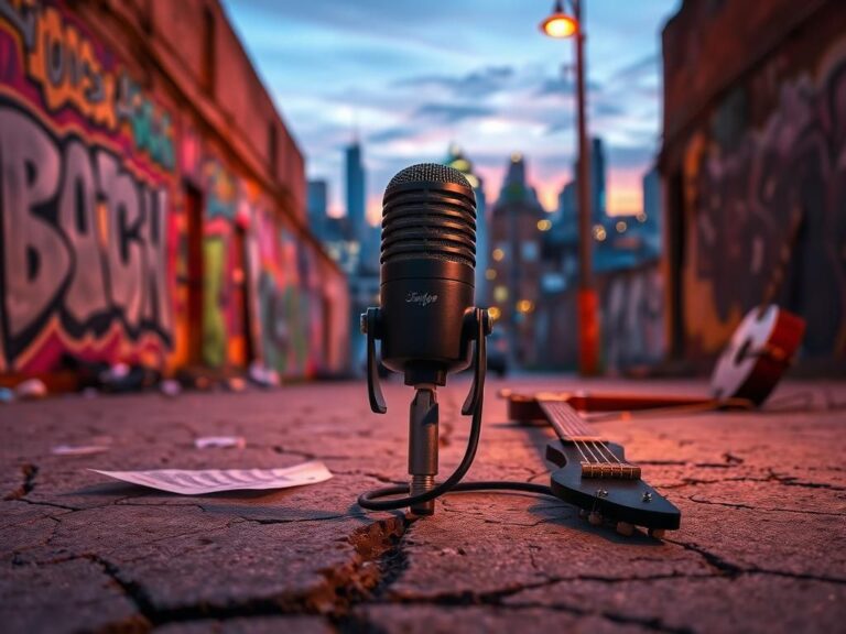 Flick International Vintage microphone on cracked pavement with graffiti walls and city skyline at dusk