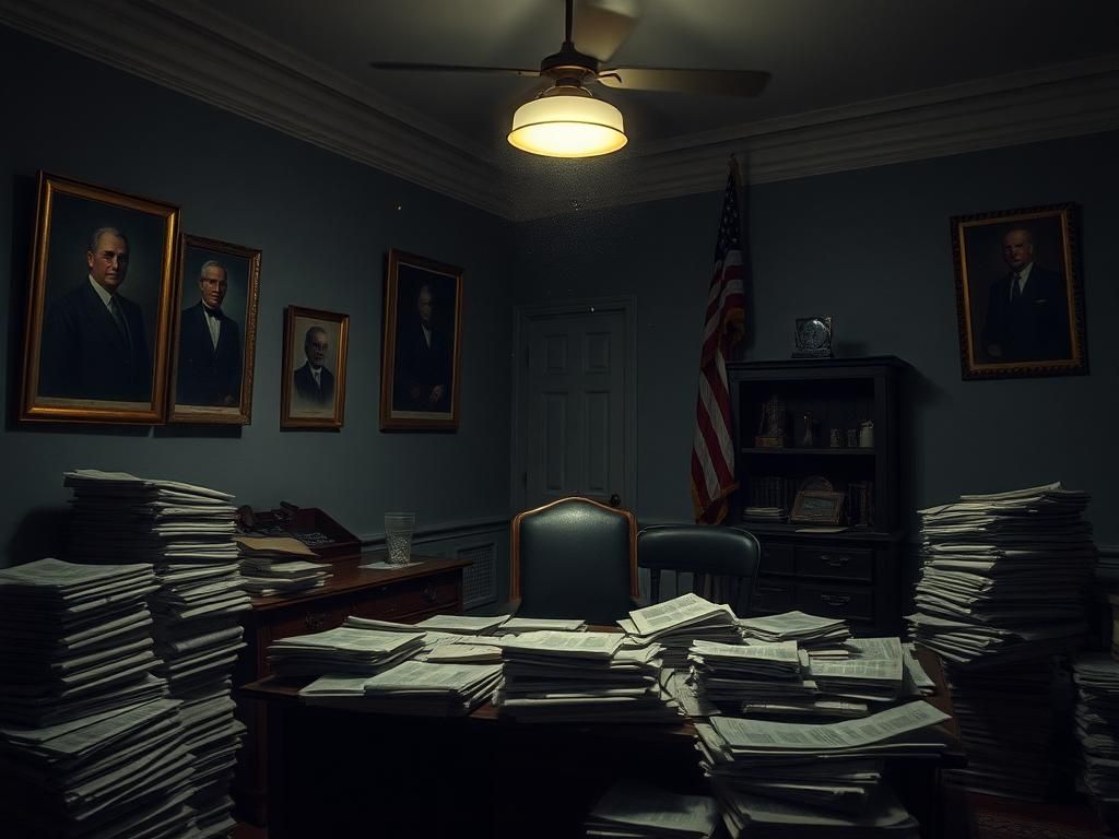 Flick International Dimly lit room with a cluttered desk and shadowy portraits of former presidents