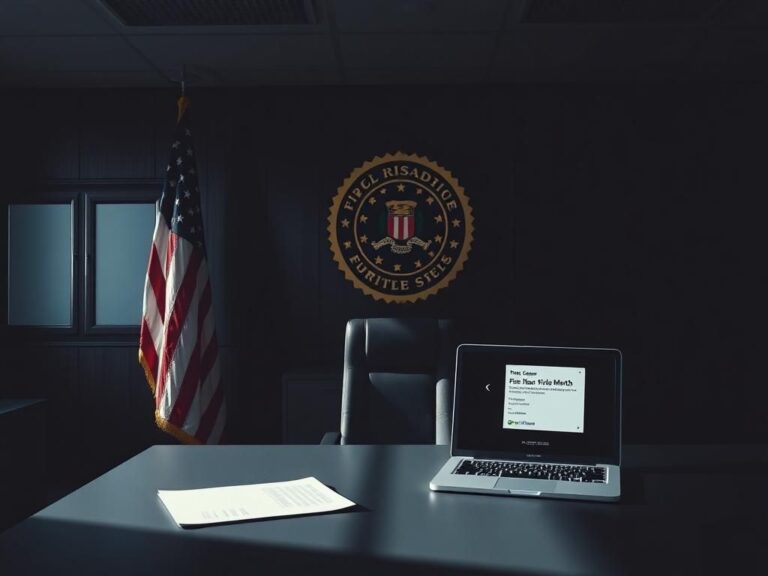 Flick International A stark office environment at FBI headquarters featuring an American flag and a closed laptop