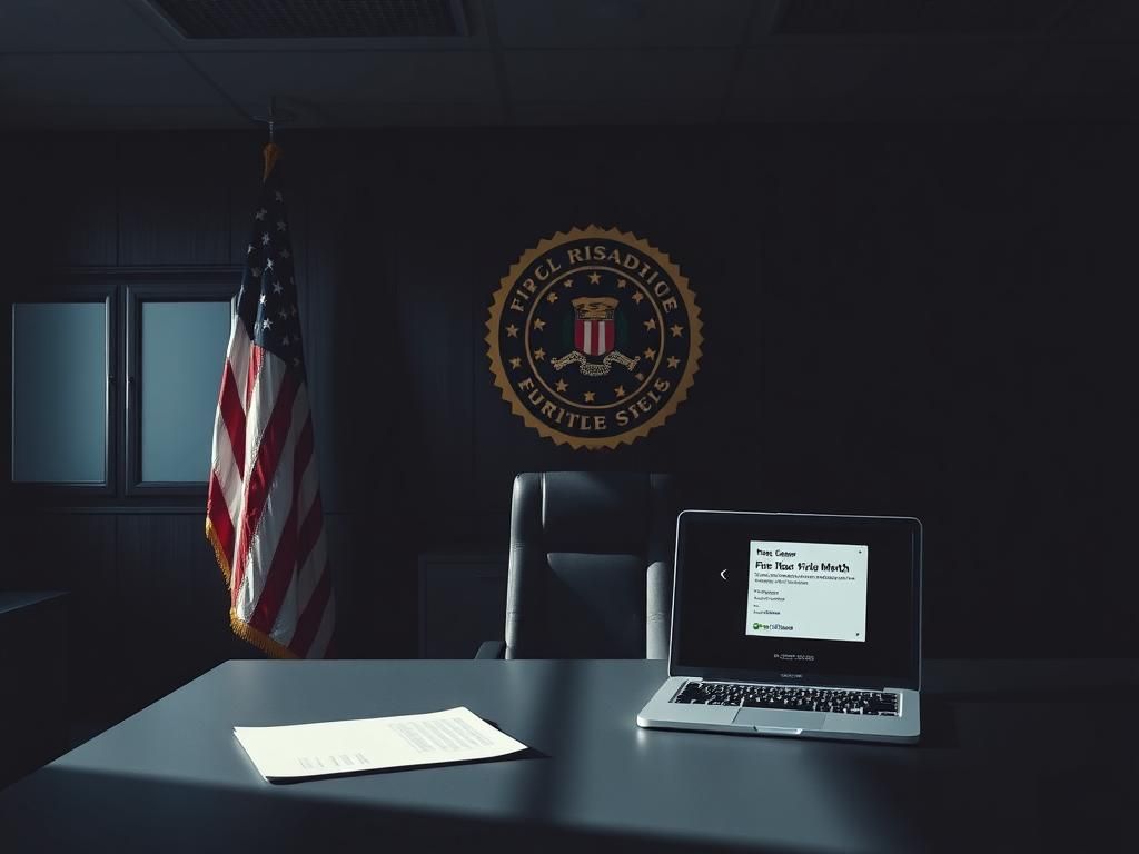 Flick International A stark office environment at FBI headquarters featuring an American flag and a closed laptop