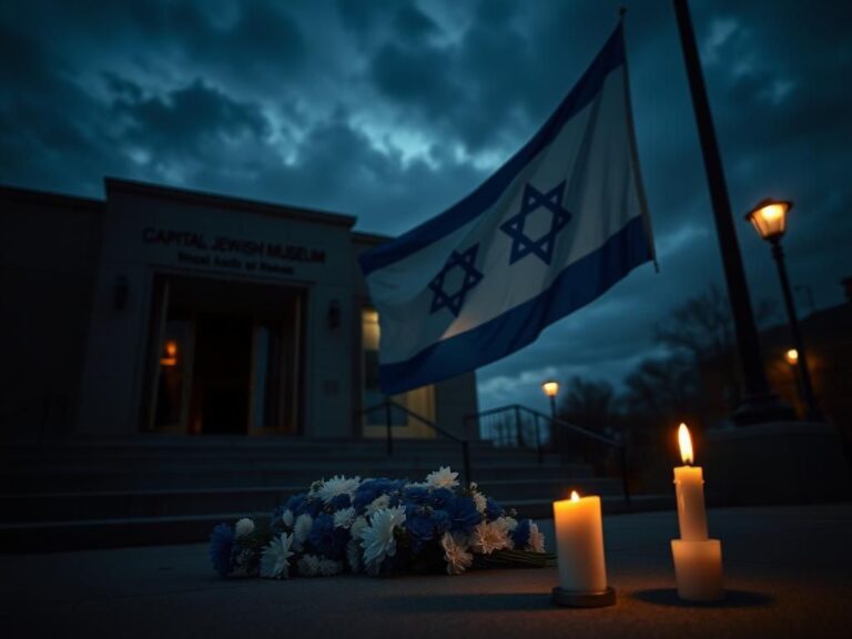 Flick International Somber exterior of the Capital Jewish Museum with a floral tribute and Israeli flag