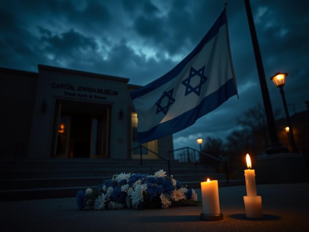Flick International Somber exterior of the Capital Jewish Museum with a floral tribute and Israeli flag
