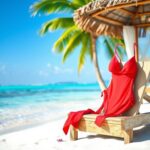 Flick International A vibrant red bikini elegantly draped over a beach chair in a tranquil Maldives setting