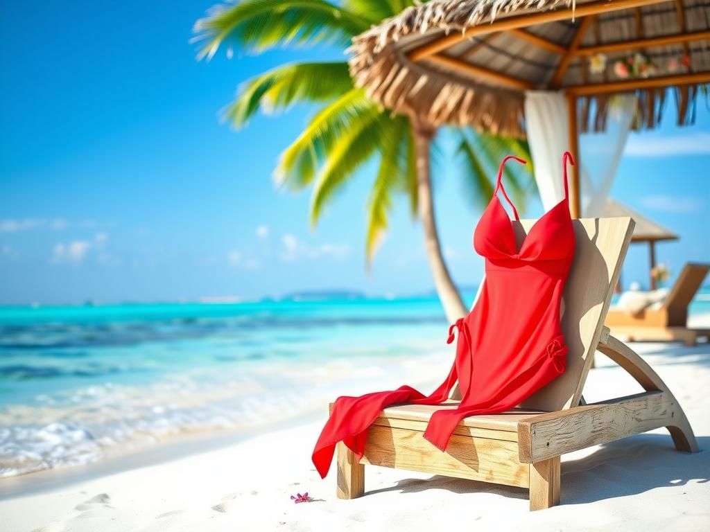 Flick International A vibrant red bikini elegantly draped over a beach chair in a tranquil Maldives setting