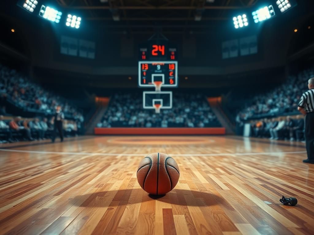 Flick International Dramatic scene of an empty basketball court with a single well-worn basketball, symbolizing WNBA officiating issues.