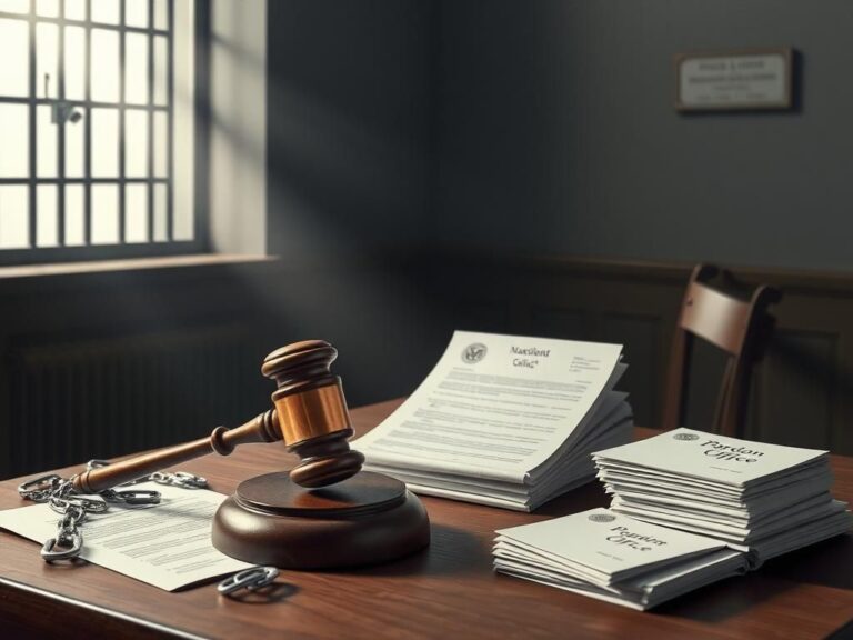 Flick International A solemn courtroom with a gavel, legal documents, and symbols of justice