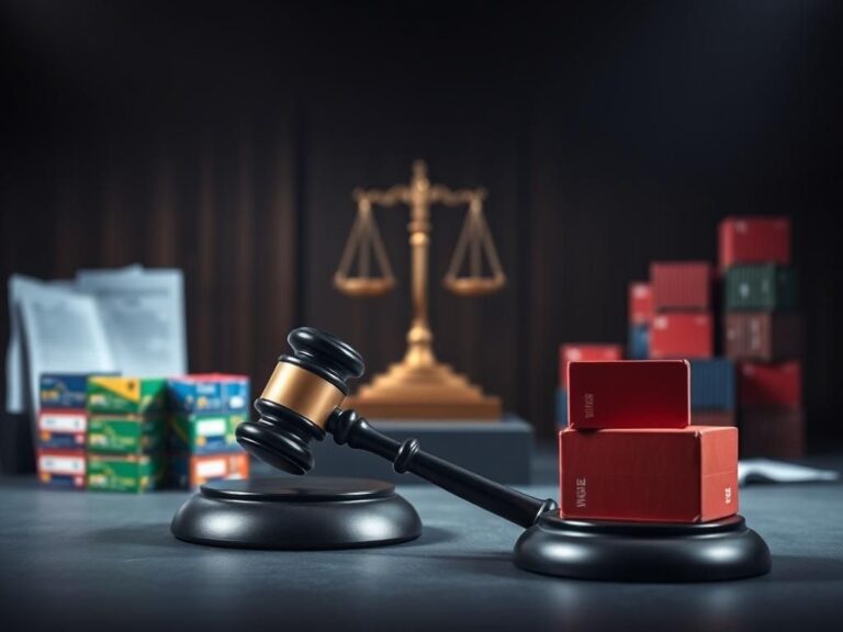 Flick International A gavel symbolizing legal authority in a courtroom setting with toy boxes and cargo containers