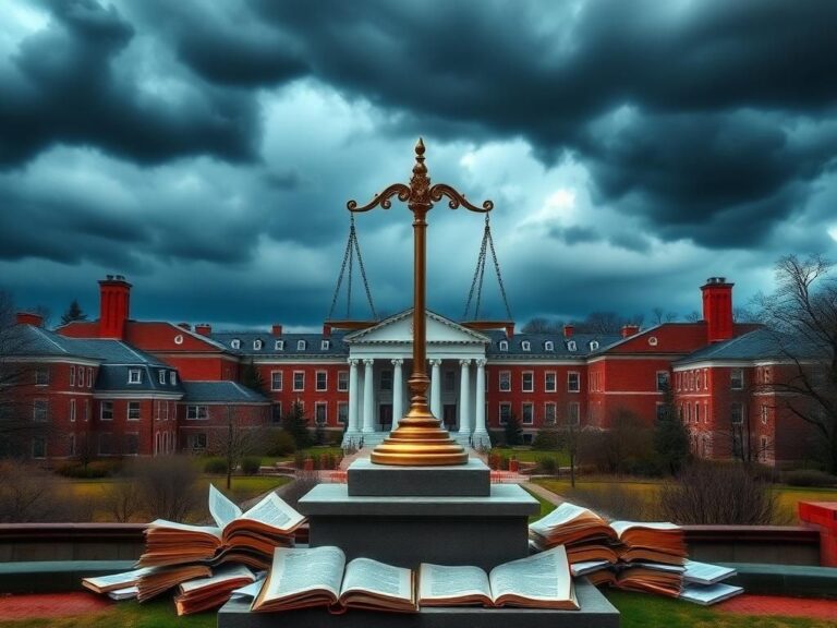 Flick International Stately view of Harvard University campus with stormy clouds and scale of justice symbolizing scrutiny