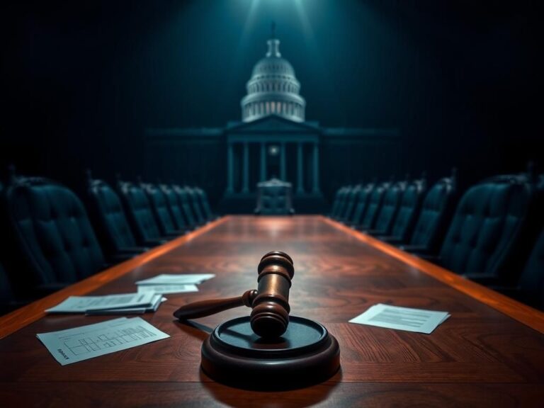 Flick International A dimly lit Senate hearing room with an empty wooden table and a large gavel