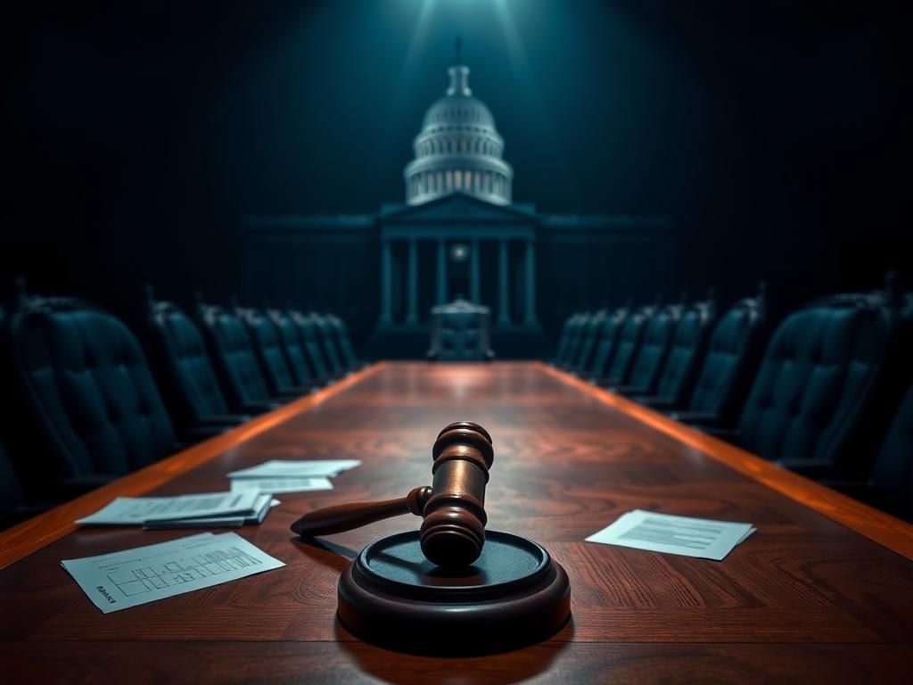 Flick International A dimly lit Senate hearing room with an empty wooden table and a large gavel
