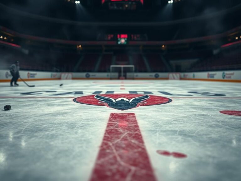 Flick International Close-up of a worn ice hockey rink featuring the Washington Capitals logo, symbolizing the team's history.
