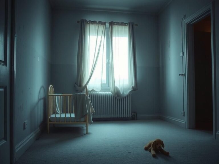 Flick International A dimly lit abandoned apartment room with a small empty crib and dog toy