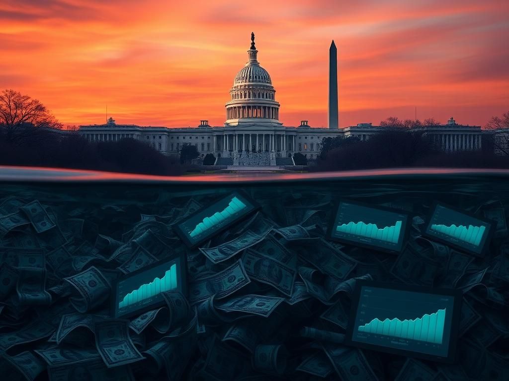 Flick International Surreal depiction of Washington, D.C. landmarks partially submerged underwater