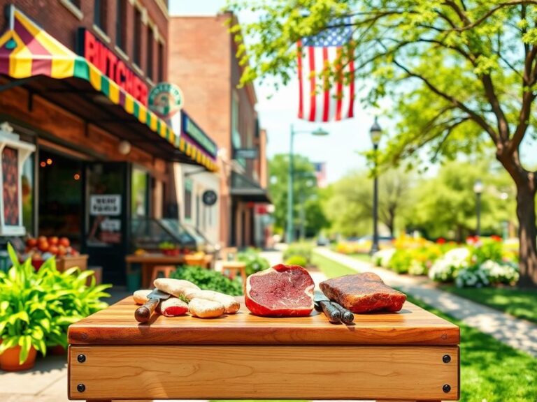 Flick International Vibrant Nashville street scene with colorful butcher shop and fresh produce
