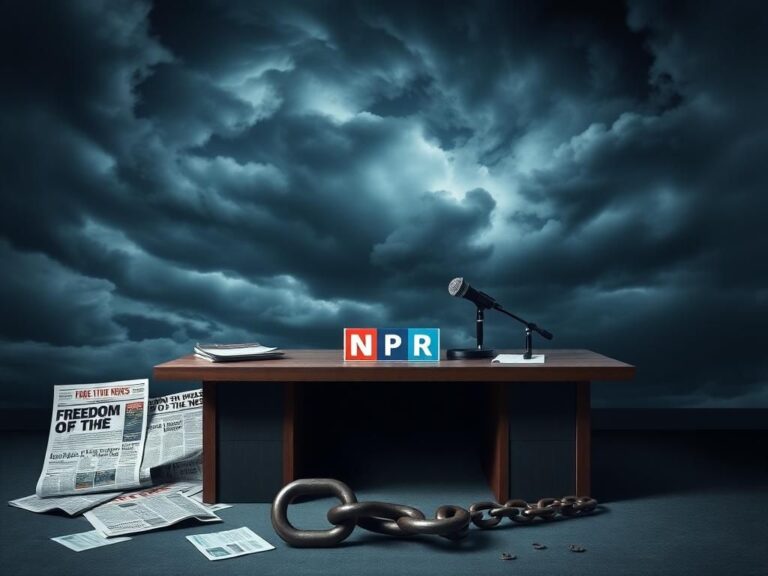 Flick International Empty news desk with NPR logo, microphone, and articles about funding cuts against a stormy background