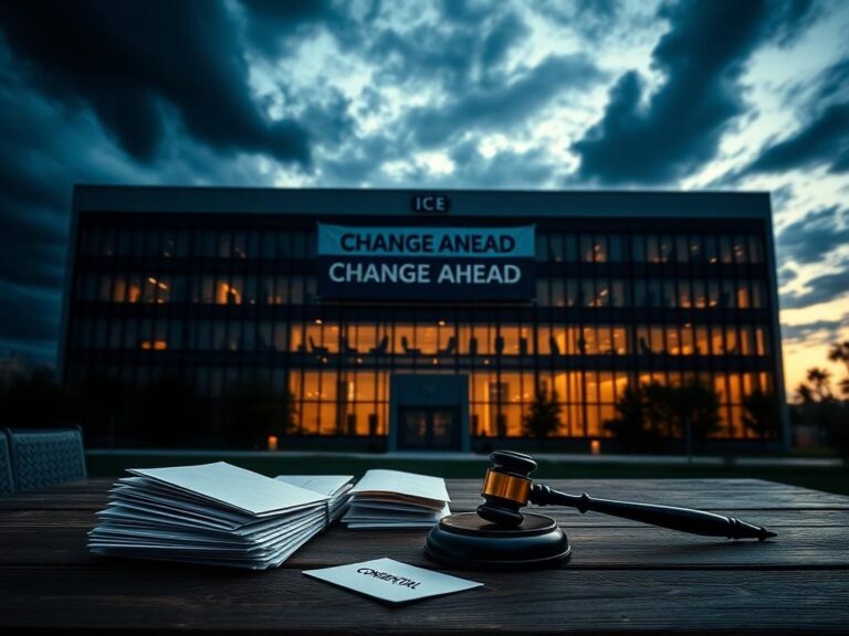 Flick International Dramatic image of the ICE headquarters at dusk with a 'Change Ahead' banner