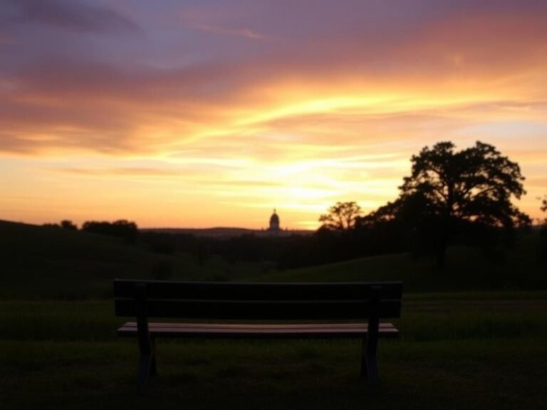 Flick International Serene Wisconsin landscape at sunset with an empty bench symbolizing reflection
