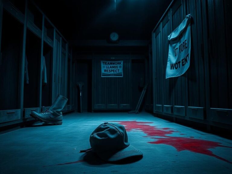 Flick International eerie baseball locker room with worn lockers and scattered equipment symbolizing trauma