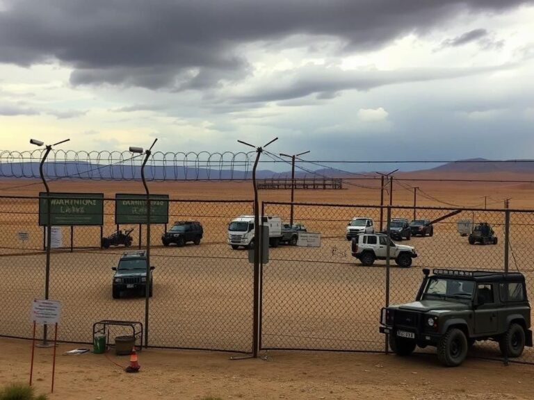 Flick International Border checkpoint with heavy security featuring chain-link fence and barbed wire