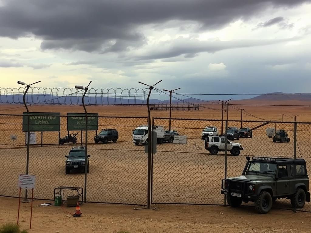 Flick International Border checkpoint with heavy security featuring chain-link fence and barbed wire