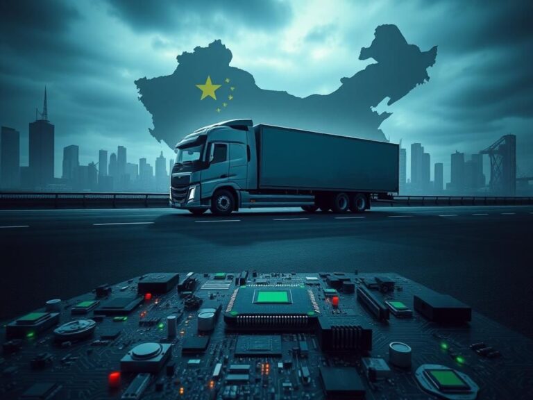 Flick International Futuristic autonomous truck on a highway with an urban skyline