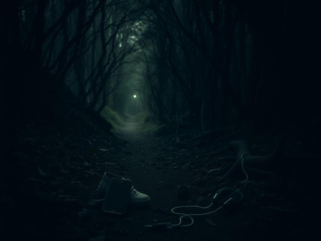 Flick International A dimly lit forest path with an abandoned shoe and neglected cell phone, symbolizing disappearance