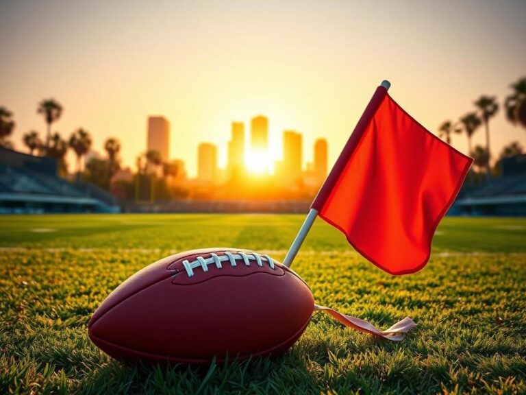 Flick International A vibrant flag football field with the Los Angeles skyline and Olympic rings