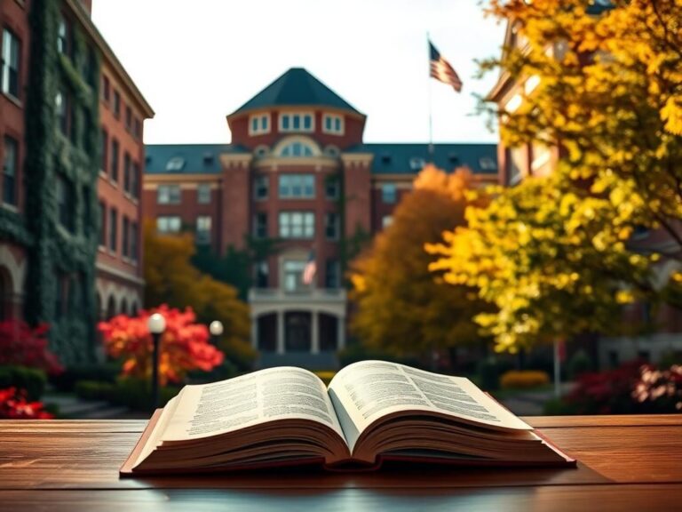 Flick International A serene campus scene of a prestigious American university with iconic buildings and autumn foliage