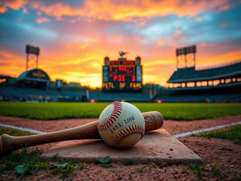 Flick International Vintage baseball field at dusk with a wooden bat and a worn baseball on home plate