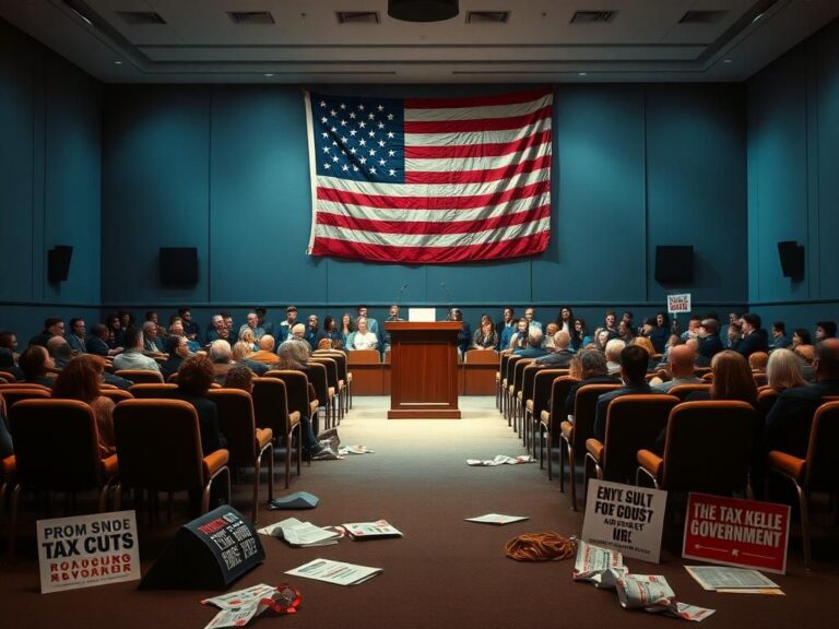 Flick International Empty town hall room with podium and American flag in the background