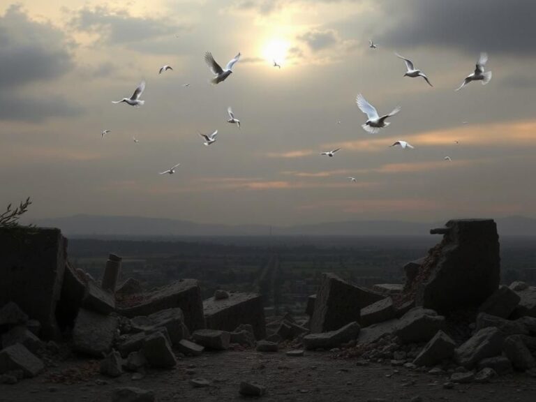 Flick International Somber landscape depicting the conflict in Gaza with broken concrete and distant mountains
