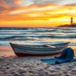 Flick International A vibrant beach scene featuring a vintage fishing boat and serene surroundings