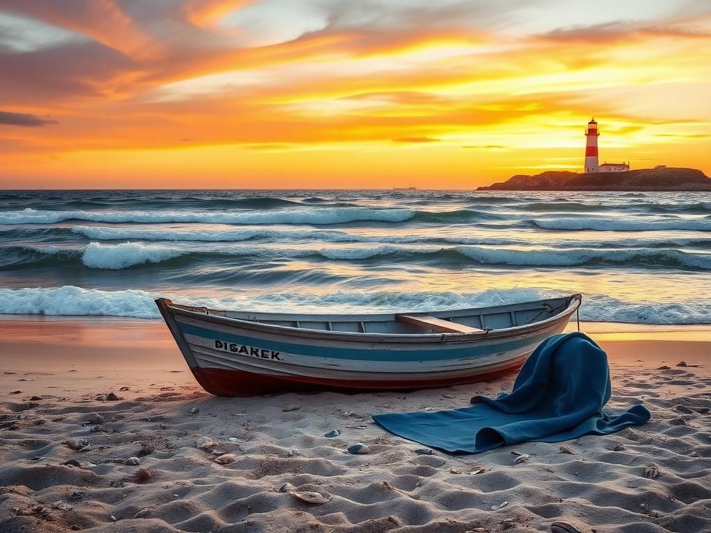 Flick International A vibrant beach scene featuring a vintage fishing boat and serene surroundings