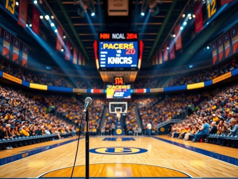 Flick International Vibrant basketball arena with blue and gold colors representing the Indiana Pacers during a playoff game.