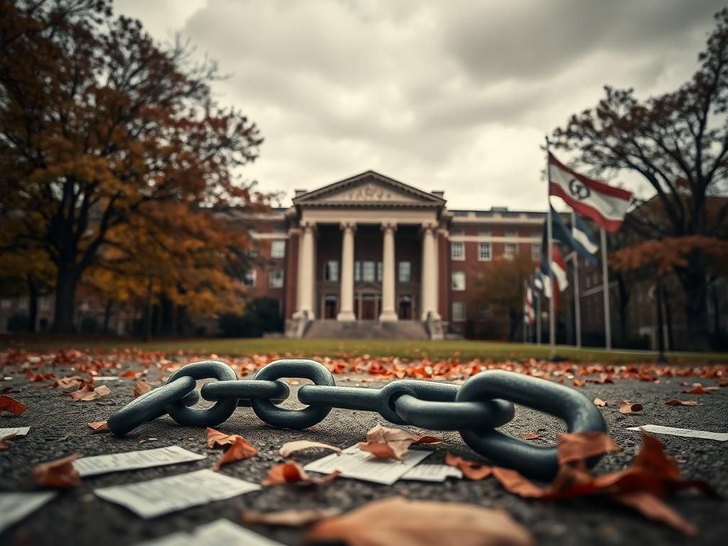 Flick International A somber scene of Harvard University's Widener Library surrounded by autumn trees, symbolizing change and decay.