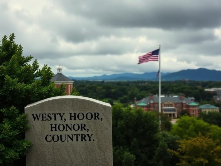 Flick International A dramatic view of the West Point campus showcasing historic architecture and a stone monument with 'Duty, Honor, Country' obscured by foliage