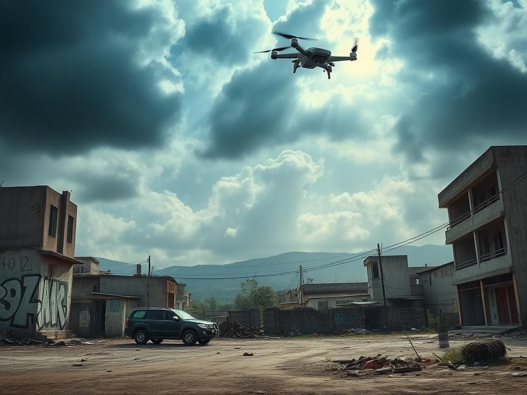 Flick International Dramatic view of Port-au-Prince showing abandoned buildings and a police vehicle amidst gang violence