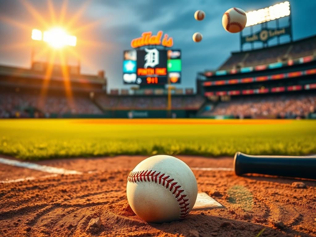 Flick International Close-up view of home plate with a baseball and bat on a vibrant baseball field during a Tigers game.