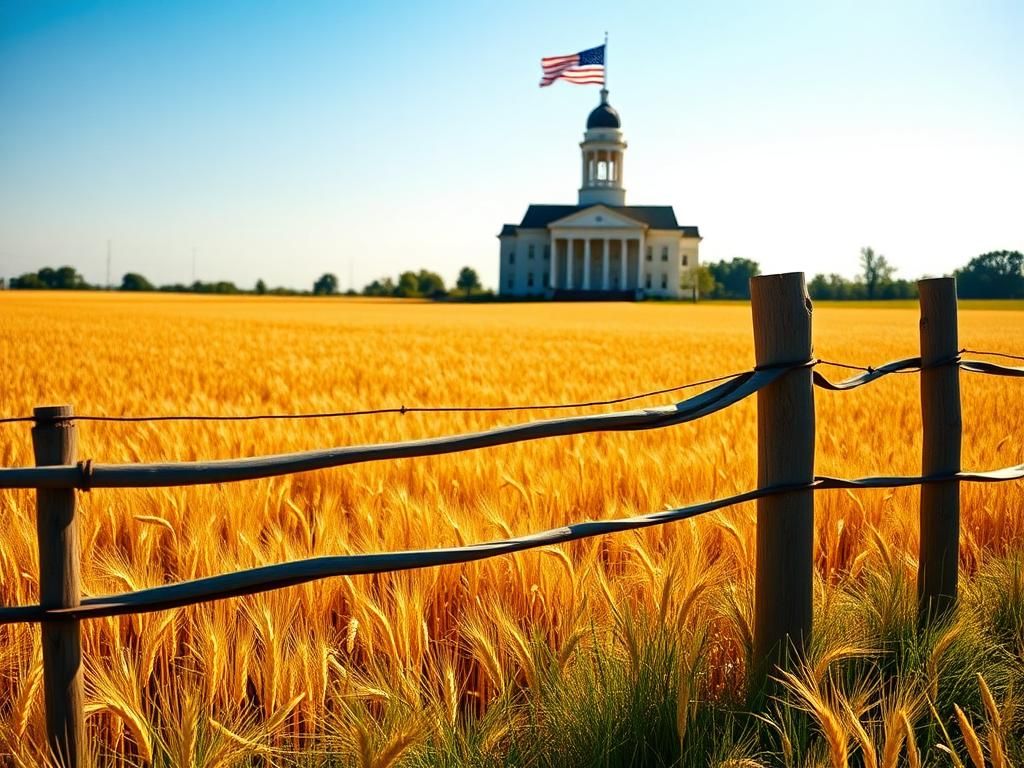 Flick International Expansive Alabama landscape with a split-rail fence and historical courthouse