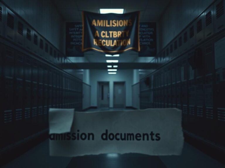 Flick International Empty high school hallway with lockers and a faded banner, symbolizing deception