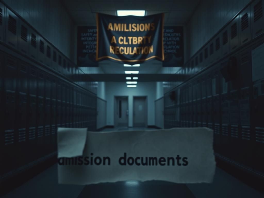 Flick International Empty high school hallway with lockers and a faded banner, symbolizing deception