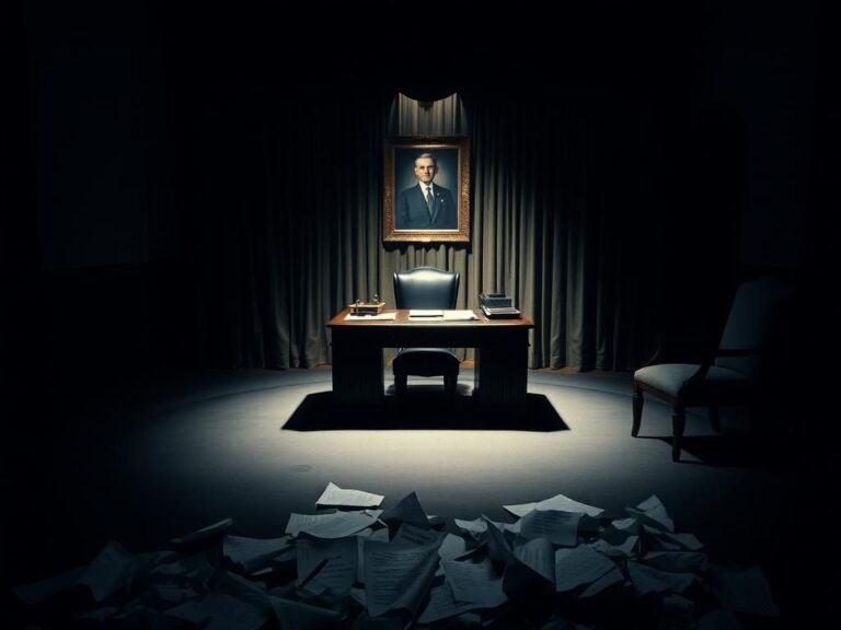 Flick International Dimly lit Oval Office with shadows, highlighting secrecy and disarray
