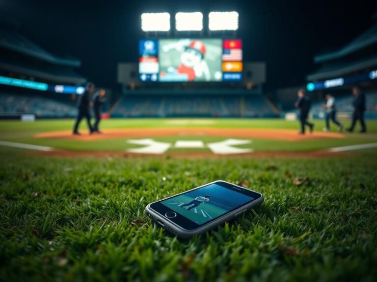 Flick International Smartphone abandoned on a baseball field with Yankees logo, capturing a bold fan's moment