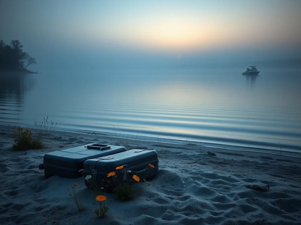 Flick International Two unopened suitcases lying on the shore of Lake Grapevine at dawn