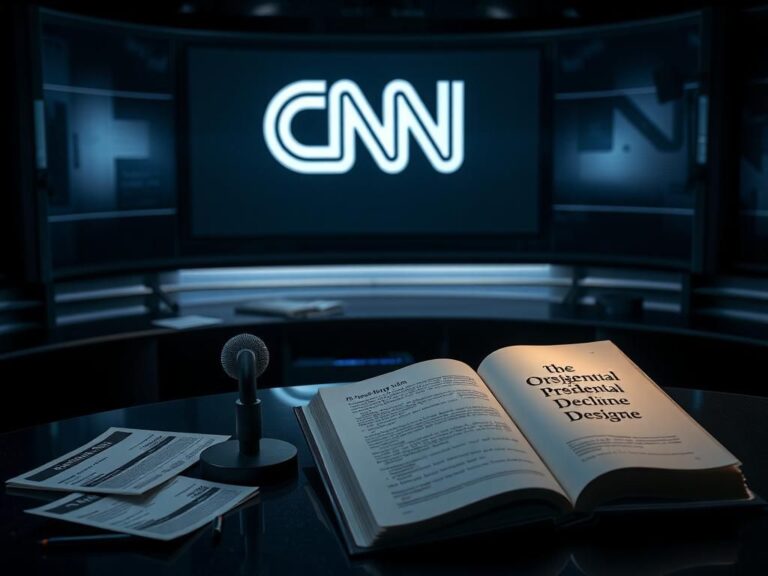 Flick International A dimly lit television studio set with an empty news desk and an open book titled 'Original Sin'