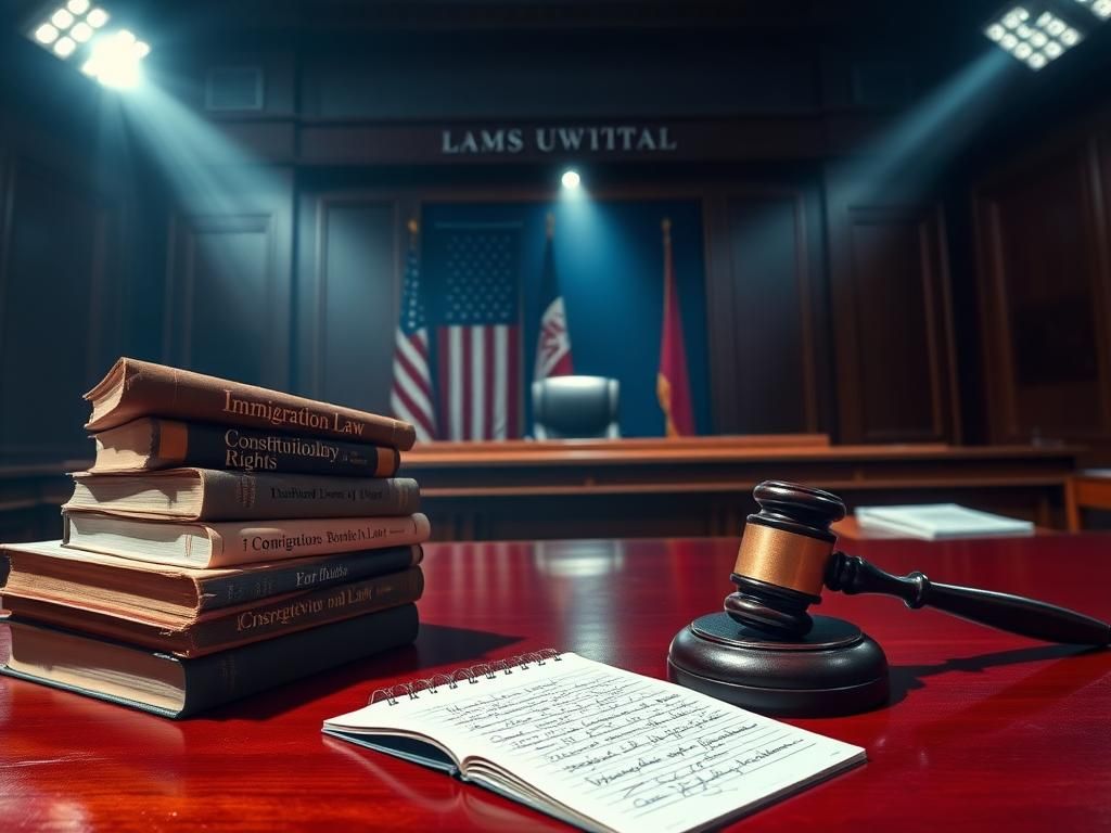 Flick International Dramatic courtroom scene featuring sharp shadows and a U.S. flag