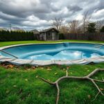 Flick International Empty Long Island pool surrounded by autumn leaves and a somber sky
