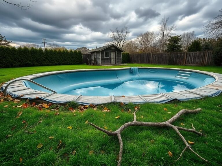 Flick International Empty Long Island pool surrounded by autumn leaves and a somber sky