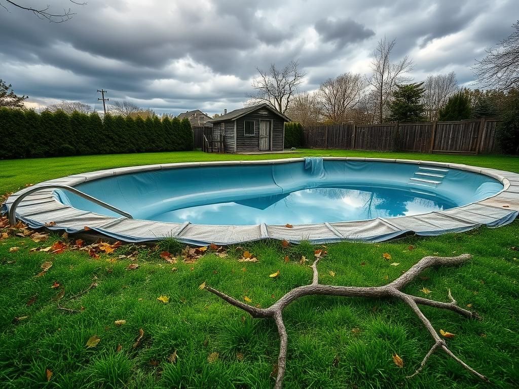 Flick International Empty Long Island pool surrounded by autumn leaves and a somber sky
